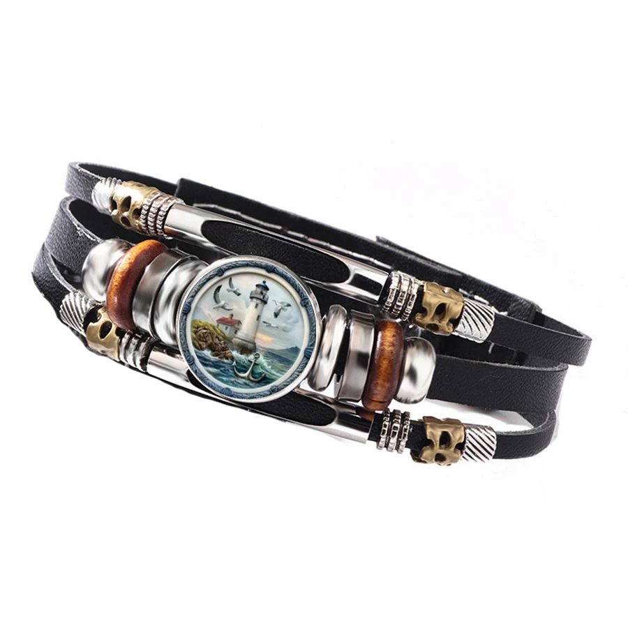 Classic Retro Lighthouse Island Anchor Seagull Nautical Commemorative Glass Bracelet Charms, Cross-Border Ornaments