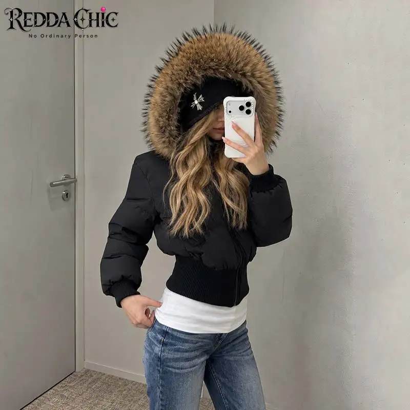 REDDACHiC Faux Fur Hooded Women Down Jacket Winter Thick Warm Cinched Waist Zip-up Quilted Cropped Puffer Coat Versatile Outwear