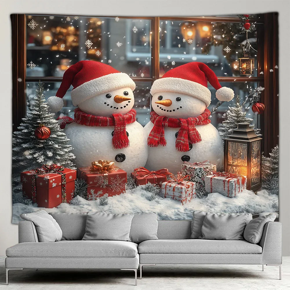 Christmas Tapestry Cute Snowman Xmas Tree Gift Outside Window Winter Forest Scenery New Year Home Living Room Decor Wall Hanging