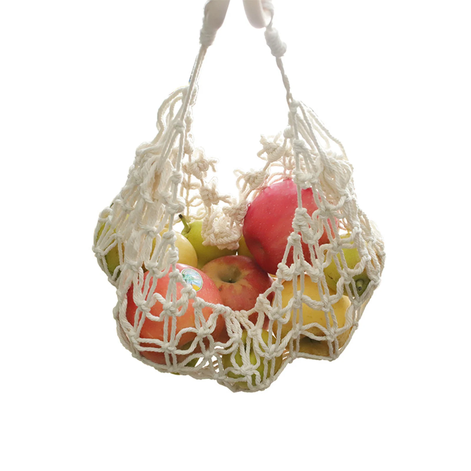 Handwoven Fruit Hammock White Cotton Hanging Storage Basket Space Saving Home Kitchen Net Pocket Decoration