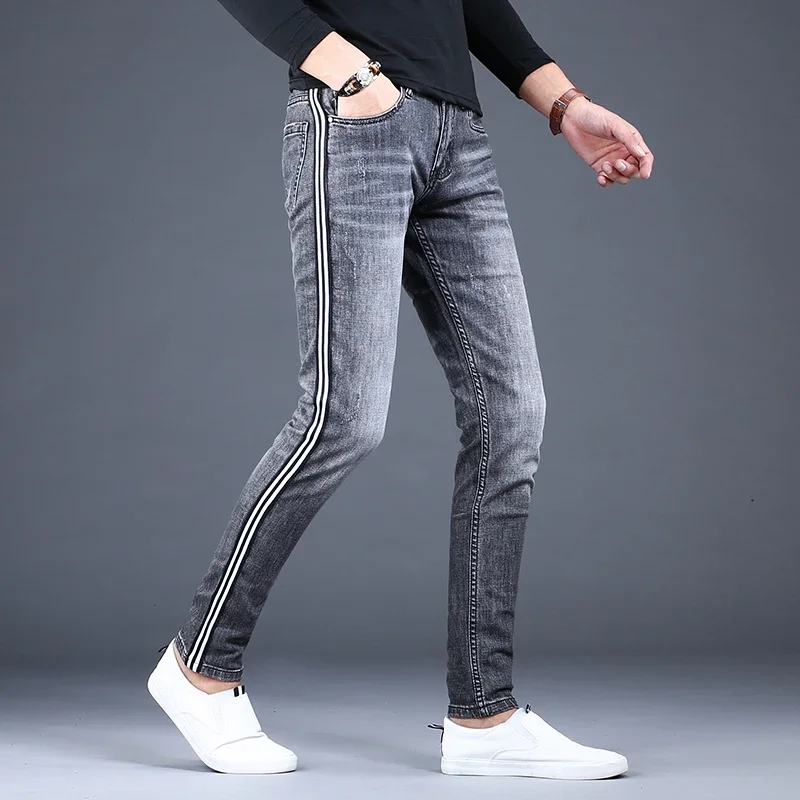 

Men's Gray Black Side Stripe Jeans Fashion Stretch Denim Slim Fit Pencil Pants Korean Style Trousers