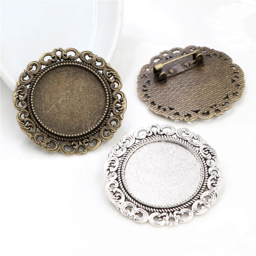 

New Fashion 5pcs 25mm Inner Size Antique Silver Plated Bronze Colors Brooch Baroque Style Cabochon Base Setting