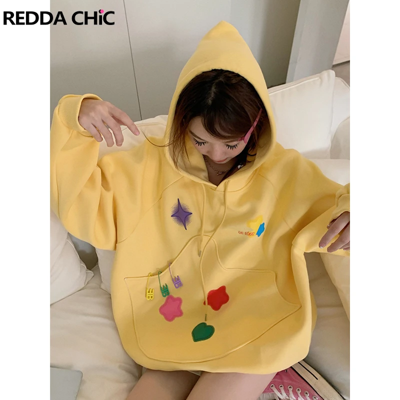 

REDDACHiC Rainbow Pins Star Oversize Hoodie for Women Casual Long Sleeves Drawstring Hooded Pullover Sweatshirt Y2k Slipover Top