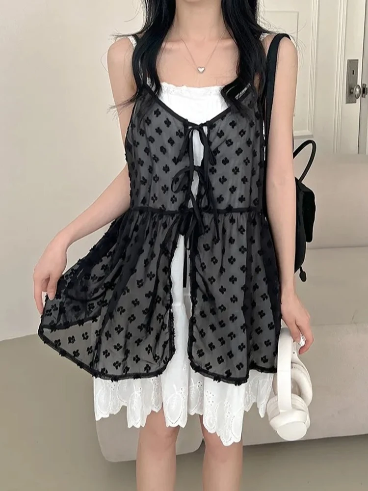 Women's Summer 2024 New Style Floral Lace Overlay Strap Vest Midi Length Layering Top Outerwear Casual Commute Loose Fit
