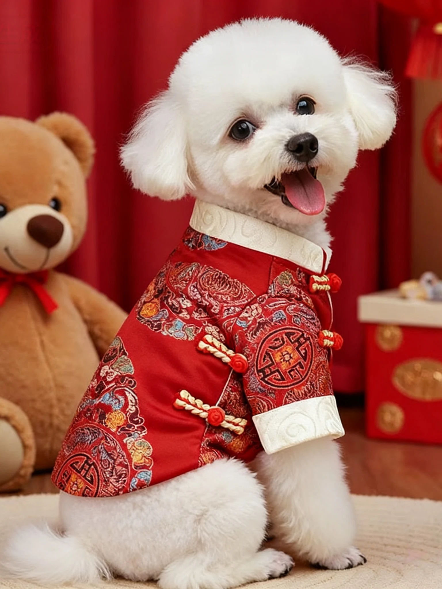 Thickened Autumn Winter New Year Celebration Tang Suit Style Pet Clothes for Dogs And Cats with Hat Warm Outdoor Clothes