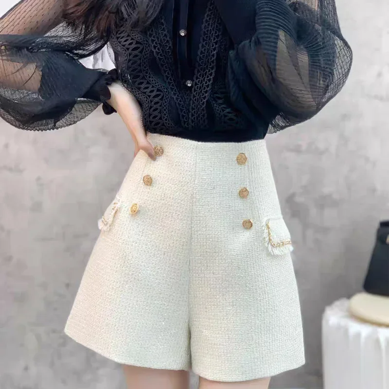 

Vintage Shorts Women Tweed High Waist Short Button A-line Shorts Casual Office Women Chic Trousers Spring Summer