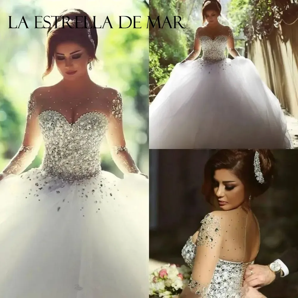 Luxuriöses Brautkleid 2026 aus Tüll mit Kristall- und Perlenbesatz, Prinzessinnen-Hochzeitskleid, Ballkleid mit Langen Ärmeln, Vestido Longos für Schwangere Bräute