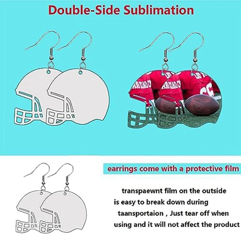 48 PCS Football Earrings Bulk MDF For Sublimation Football Earrings Double-Sided With Earring Hooks (Helmet)