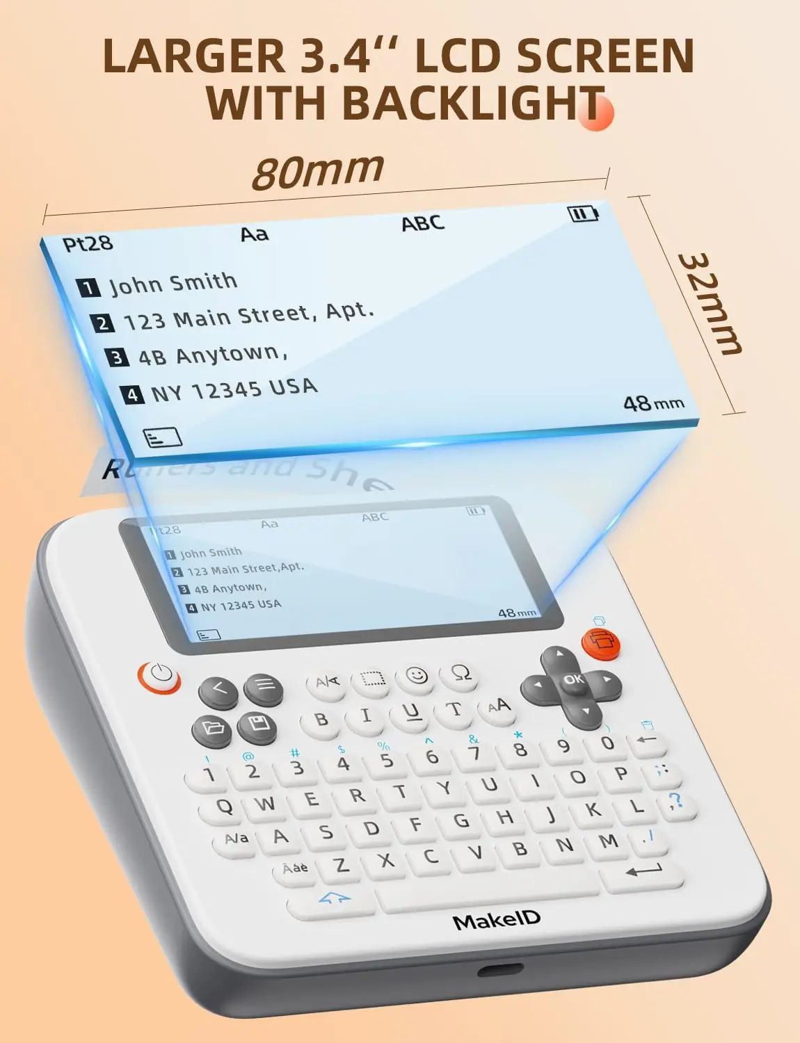 

Makeid Label Maker E1, Bluetooth Rechargeable Label Maker Machine, QWERTY Keyboard Labeler, 3.4" Backlighting LCD Screen, Prints