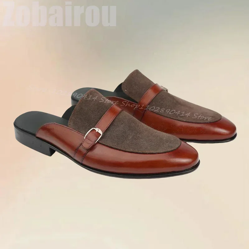 

Brown Leather Splicing Suede Buckle Decor Slippers Fashion Slip On Men Shoes Luxury Handmade Party Feast Office Men Casual Shoes