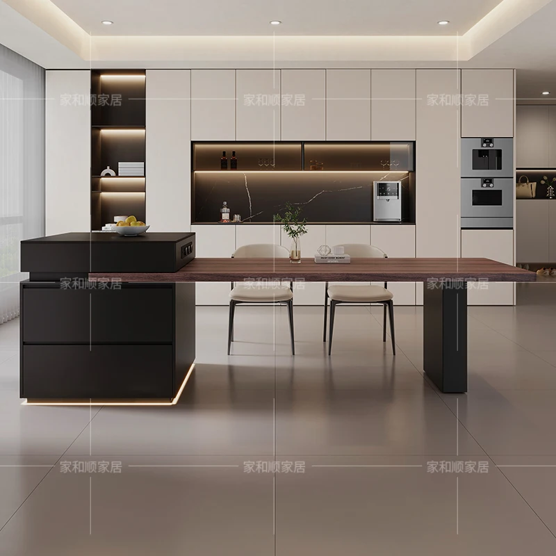 

Italian minimalist rock slab island dining table integrated retractable household mid-island dining table and chair combinatio