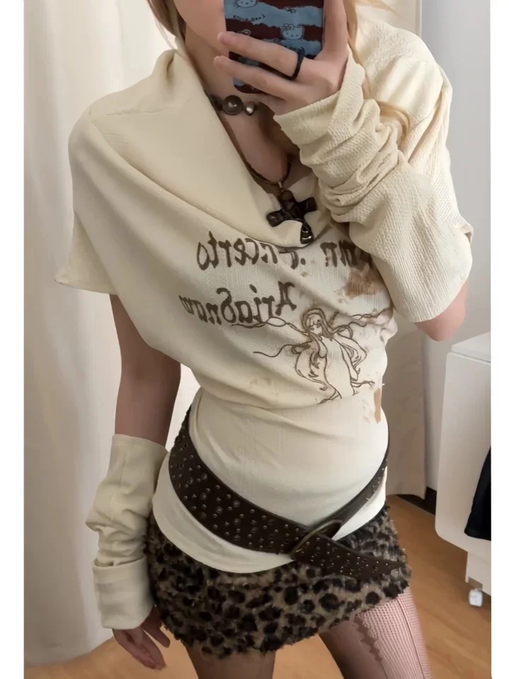 

Detachable Sleeve T-Shirt Women Top Female Autumn Half Panelled Festival College Edition Student French Sided Jacquard Chicly Gf