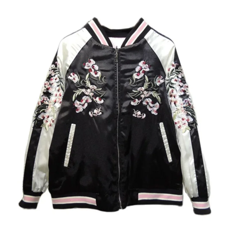 ฤดูใบไม้ผลิเสื้อนักบินผู้หญิง Sukajan เย็บปักถักร้อยเบสบอลดอกไม้เสื้อแจ็คเก็ต 2 ด้านข้างสวมใส่หญิงอเมริกันหญิงเสื้อ Z1