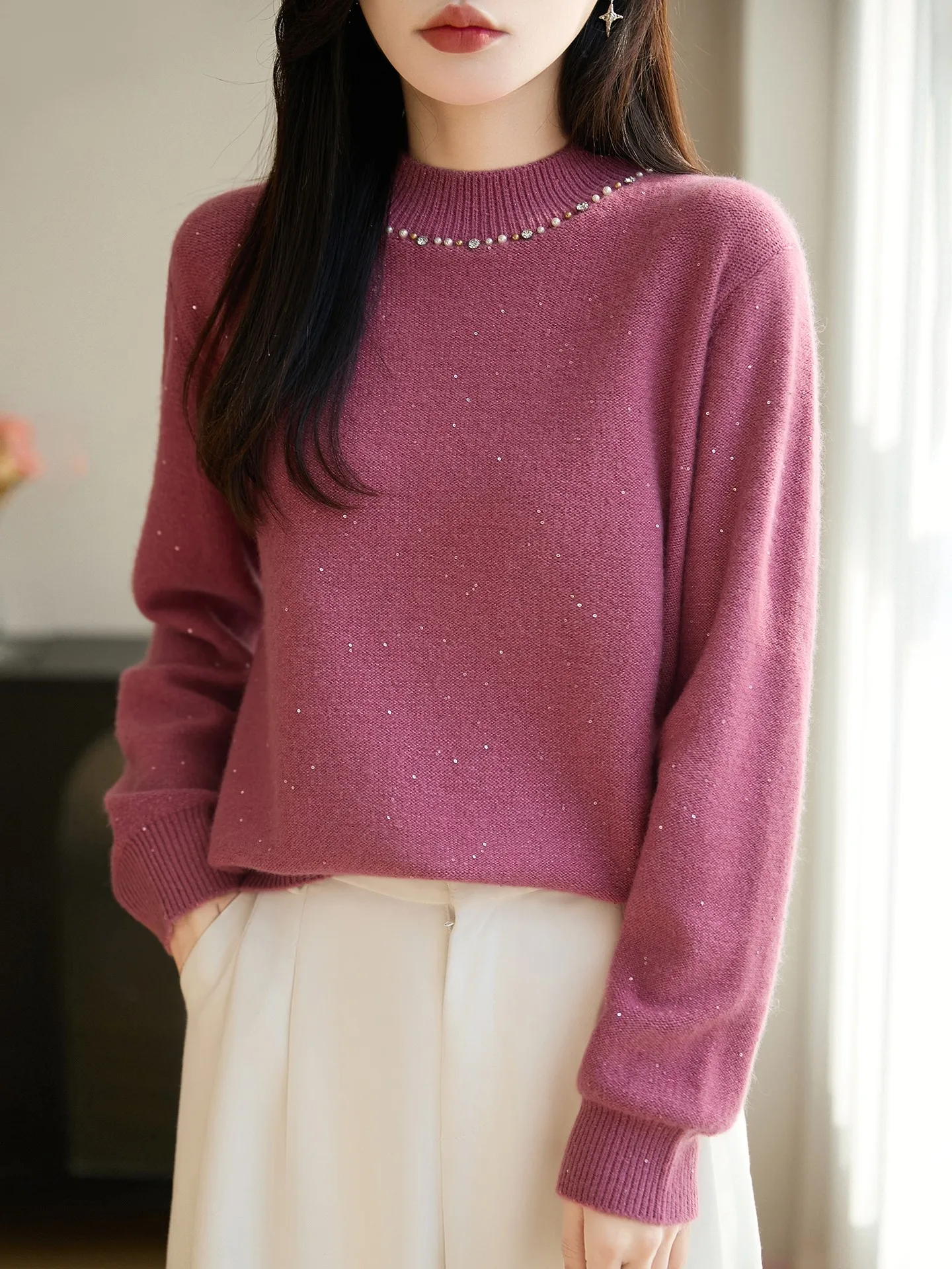 High-End Sequin Knitted Sweater Women's Autumn Winter Thi Warm Base Layer Casual Sle Long Sve f High round Ne