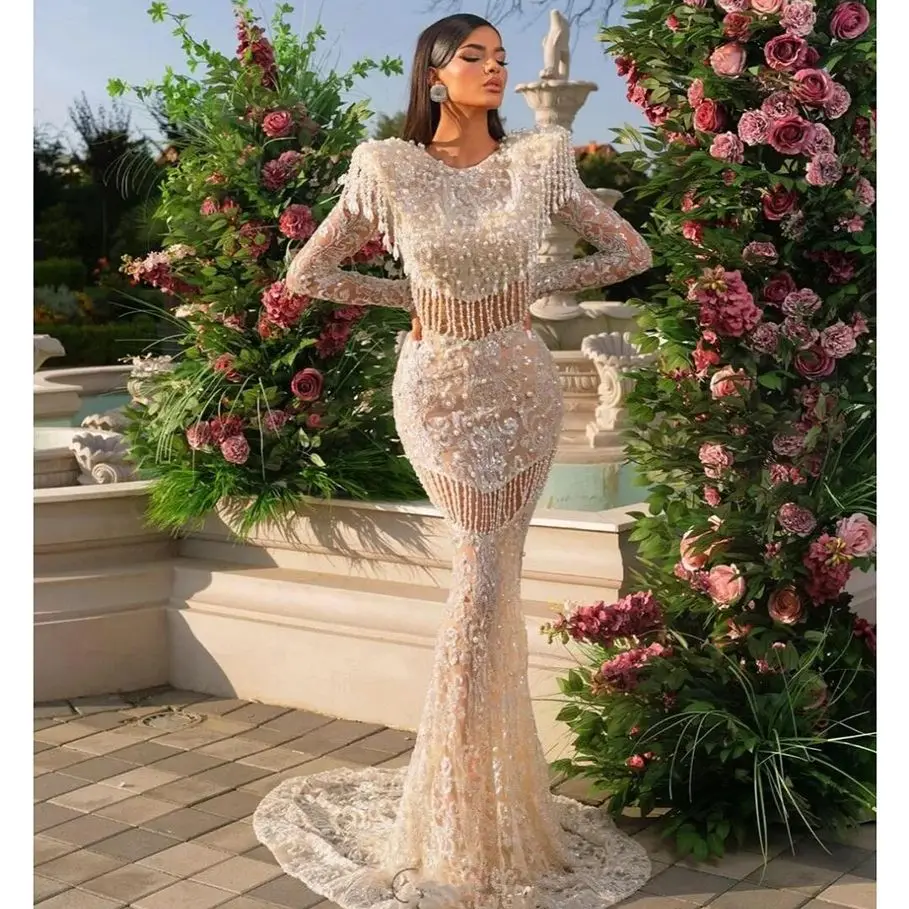 

Luxury Evening Dresses New O-neck Pearls Mermaid Elegant Floor-length Female Gown Vestidos De Novia