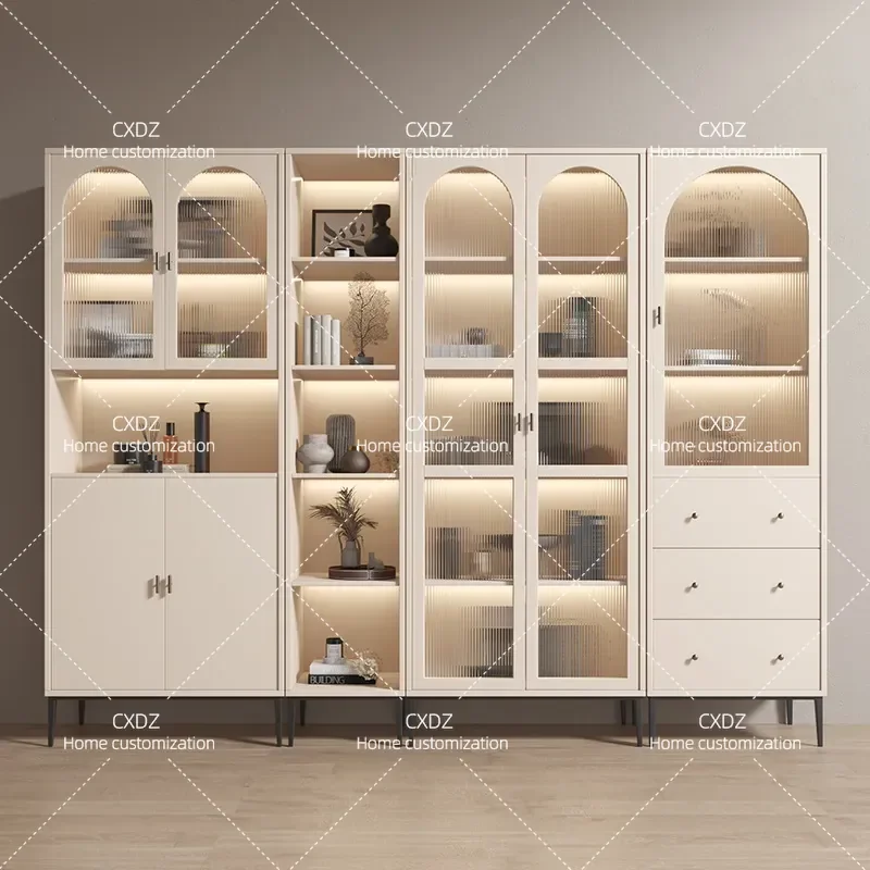 Solid Wood Bookcase Against Wall with Glass Door Dustproof Display Cabinet Locker for Office Home Storage High End Light