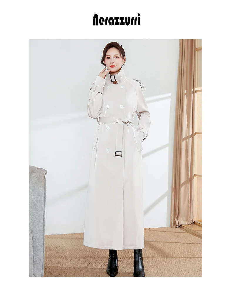 Lautaro Spring Autumn Extra Long Oversized Cool Reflective Shiny Black Patent Leather Trench Coat for Women Belt Runway Fashion