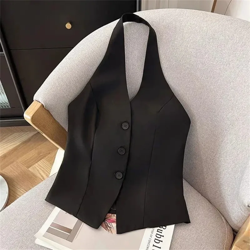 

Женские универсальные сексуальные топы без спинки в корейском стиле, классические летние и весенние черные жилеты с вырезом на шее, женская одежда