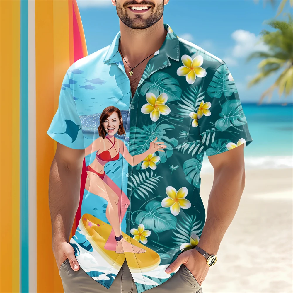 2026 Men Hawaiian Shirt 3D Surf Girl Print Short Sleeve Aloha Top Summer Beach Vacation Casual Plus Size Daily Streetwear Blouse