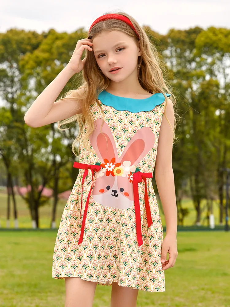 Girl Doll Dress Summer Floral Print and Rabbit Pattern Tank Dress