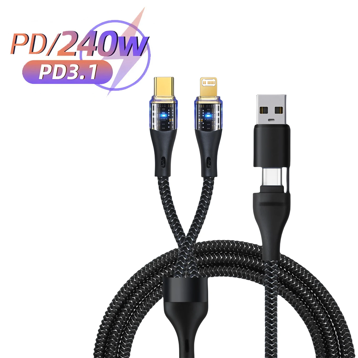 240W 2 in 2 Multi-function Mobile Phone Data Cable PD Fast Charge Cable Charger 4 in 1 for Samsung Huawei Xiaomi iPhone PD Cable
