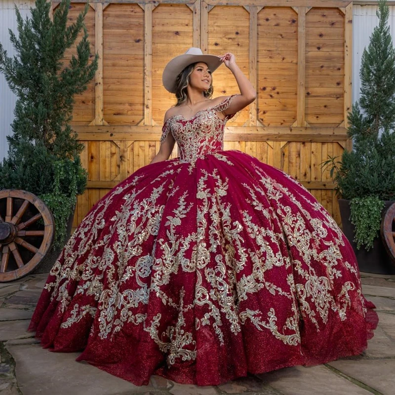 

Customized Red Shiny Quinceanera Dresses Ball Gown Off Shoulder Appliques Lace Beads Tull Sweet 16 Dress Vestidos 15 De Anos