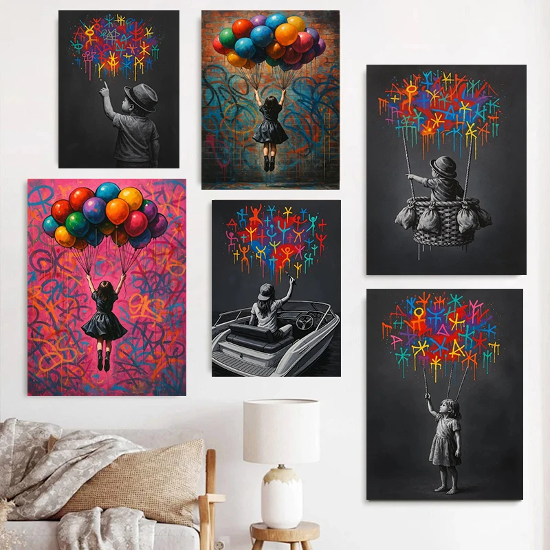 Colorful  Balloon Canvas Print, Banksy Street Graffiti Art Poster,  Vibrant Graffiti Print, Urban Wall Art Canvas for Home Decor