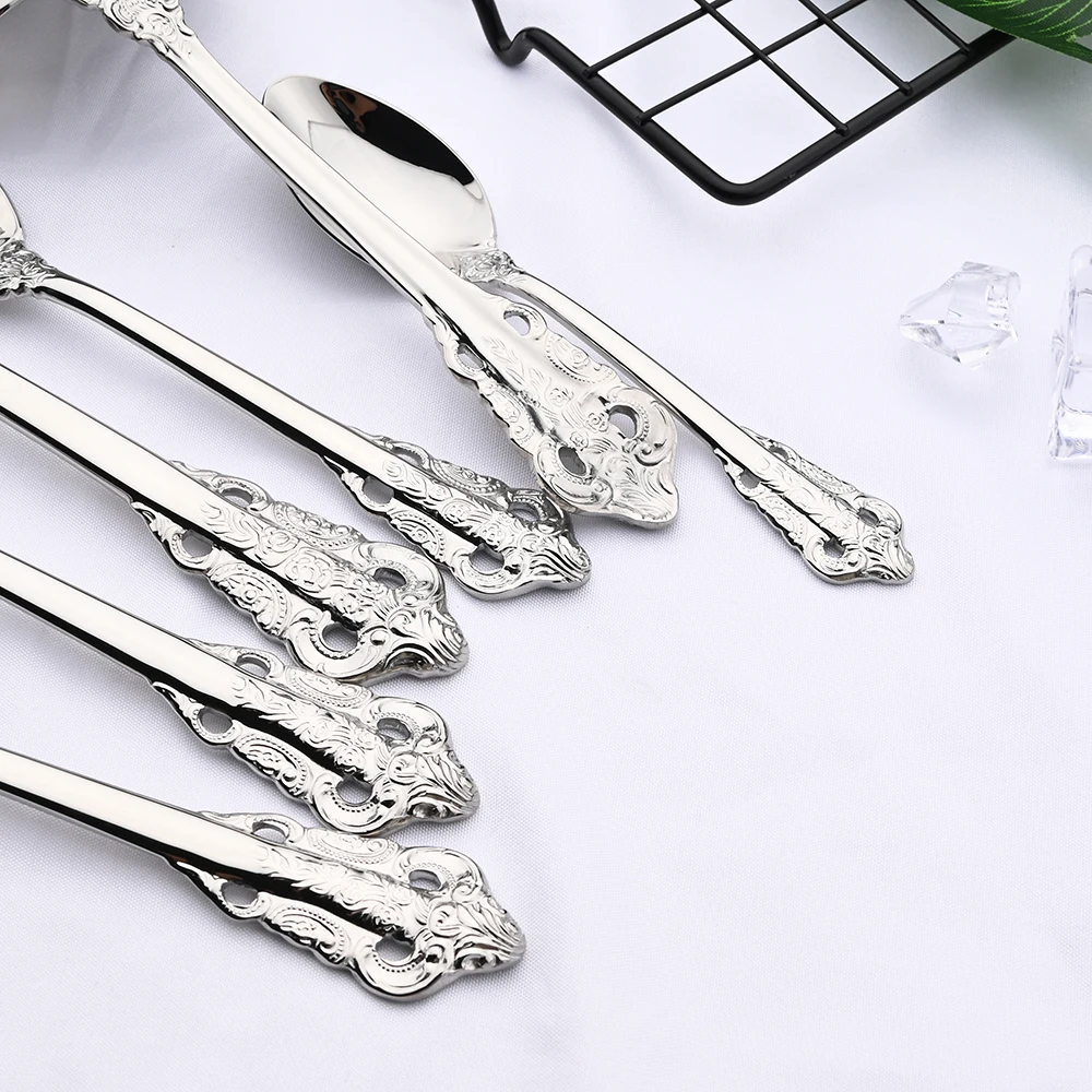 6Pcs Luxury Silver Dinner Set Vintage Western Stainless Steel Cutlery Sets Wedding Engraving Tableware Knife Fork Spoon Teapoon