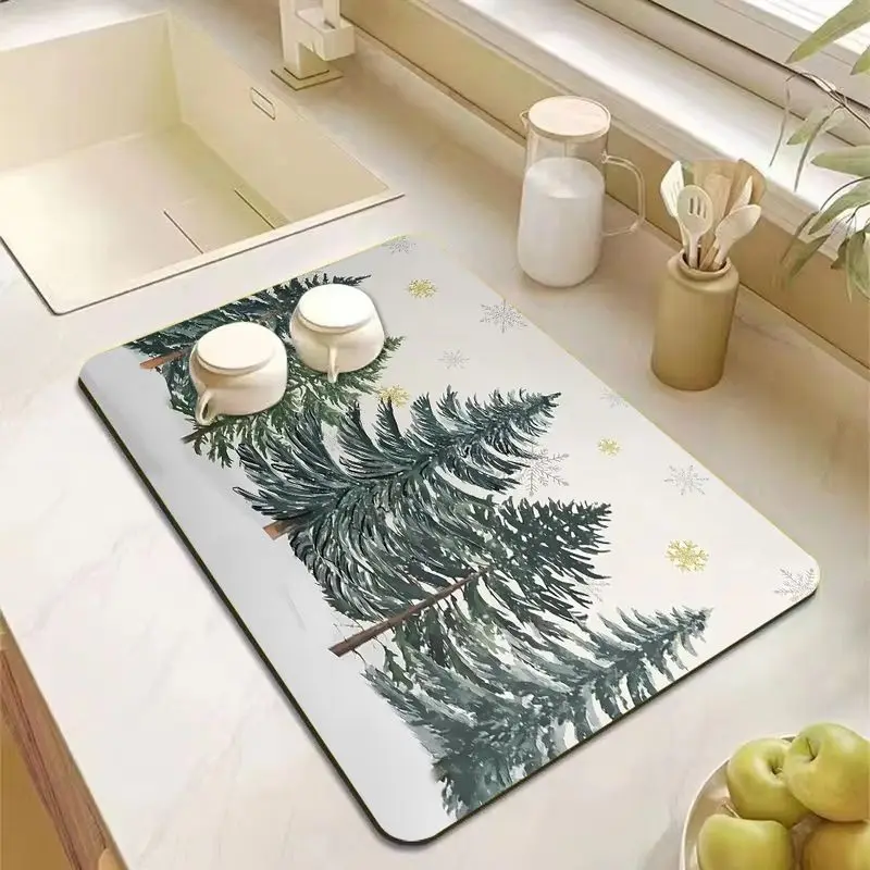 VIKAMA Merry Christmas Dish Drying Mat Plaid Tree Print Absorbent Non Slip Counter Pad For Dining Room Holiday Festive Decor