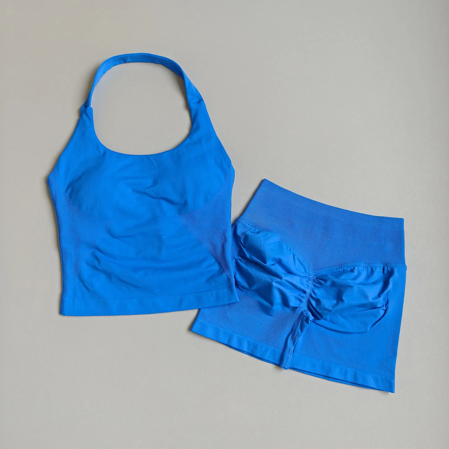 2-teiliges Damen-Sportset, Rückenfreies Neckholder-Top, Hochgeschnittene Nahtlose Dehnbare BHs, Shorts-Anzug, Fitness-Set, Workout-Bekleidung – Detail 7