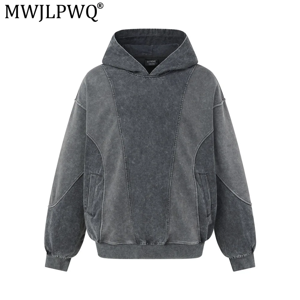 MWJLPWQ Washed Distressed Hooded Pullover Sweatshirt For Men Punk Retro Patchwork Canvas Loose Tops 2026 Spring Autumn 20838