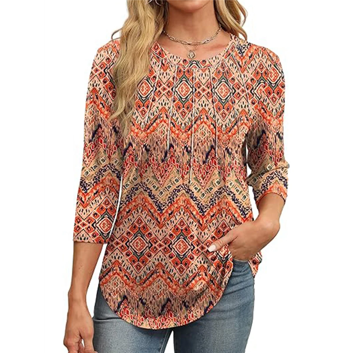 AG-3/4 Length Sleeve Womens Tops Round Neck Casual Tunic Tops Basic Pleated Shirts Loose Fit 2025