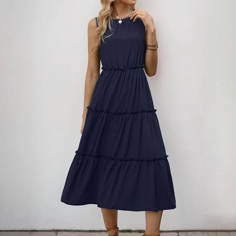 

Women's 2025 Summer Casual Splicing Round Neck Solid Color Sleeveless Tank Top Dress