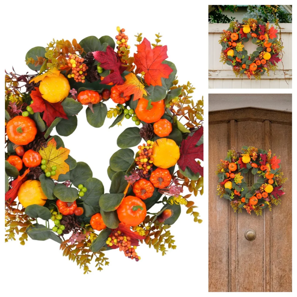 Fall Artificial Pumpkin Wreaths Wall Hanging Farmhouse Fall Celebration Eucalyptus Leaves Plump Berries Harvest Festival Door