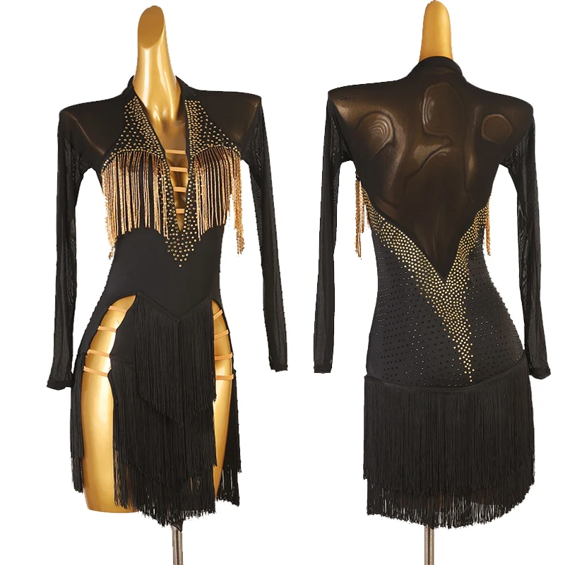 

New Latin Dance Performance Dress For Women Sexy High Slit Fringed Dress Adult Chcha Rumba Tango Female Latin Clothes DQL9898