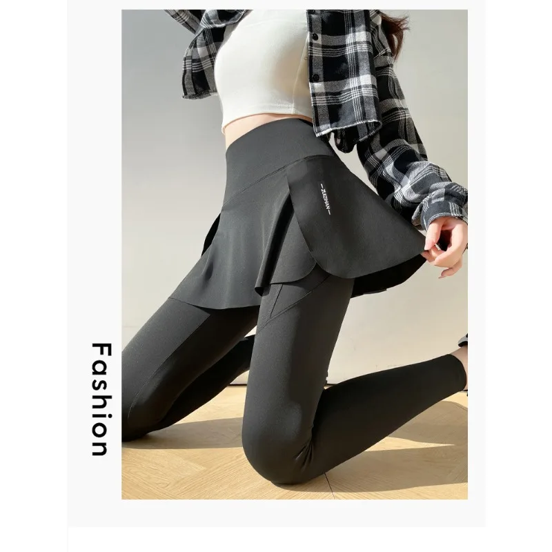 Shark Pants with Skirted Look Mock Two Piece High Waisted Tummy Control Yoga Leggings for Slimming Shaping