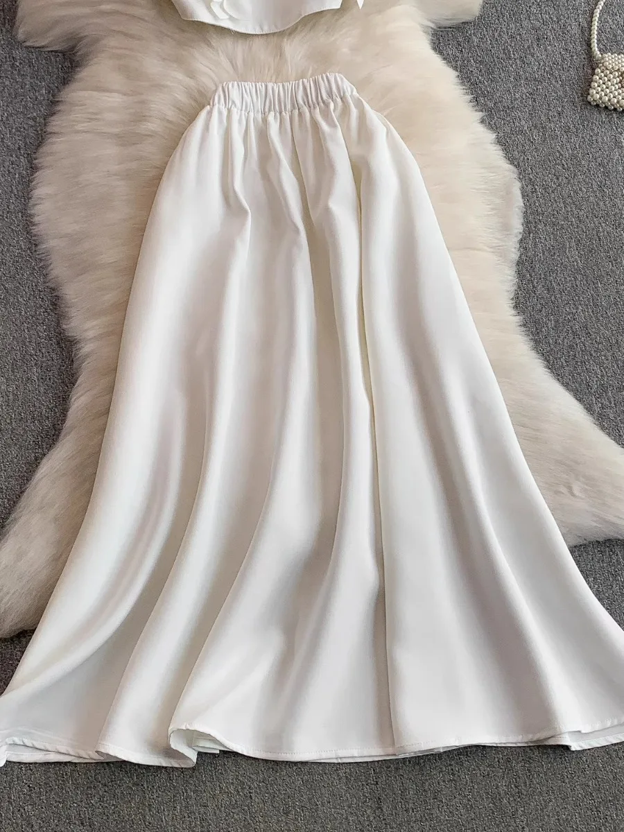 Foamlina White Chic 3D Floral Cropped Sexy Halter Top Camis & High Waist Satin Skirt Set Vacation 2 Piece Outfit for Women