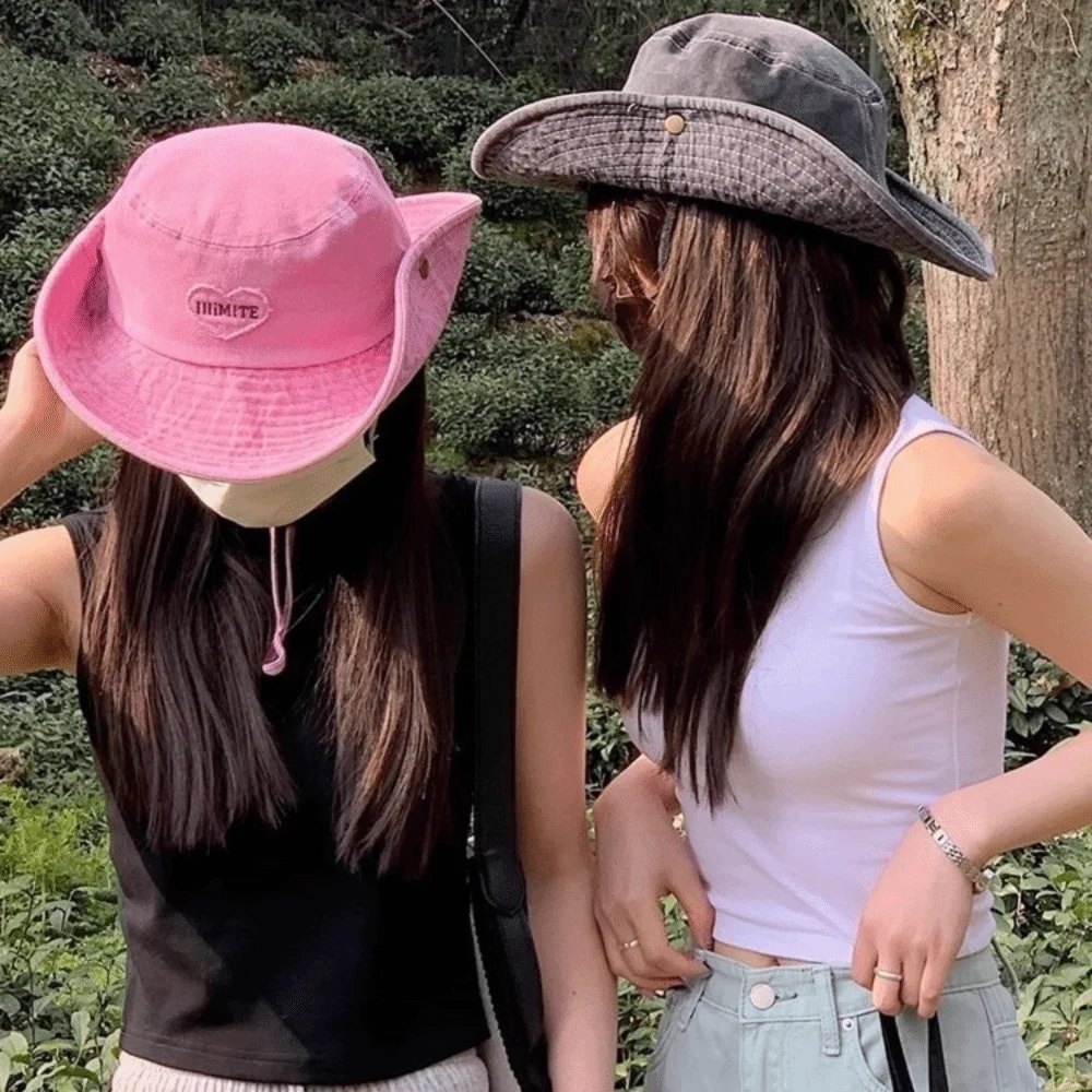 

Retro Solid Color Western Cowboy Hat Adjustable Pink Love Wide Brim Sun Hat Bucket Cap Japanese Y2k Fisherman Hat Summer