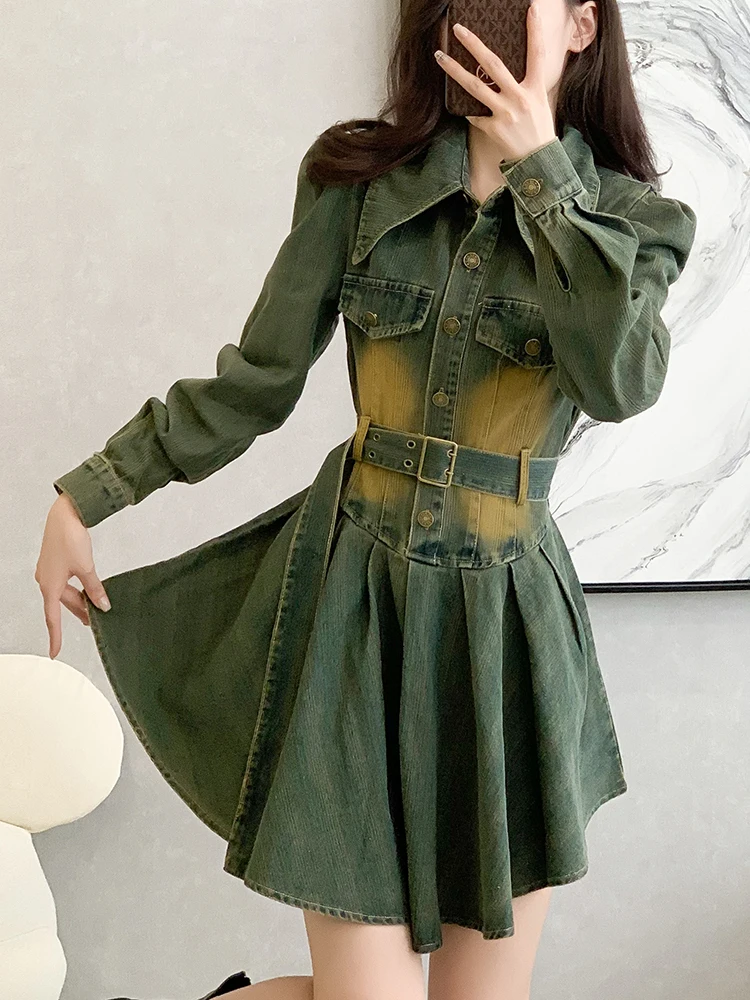 

Stylish Belt Jeans Dress Girls Turn-Down Collar Long Sleeve Slim High Waist Sexy Mini Dresses Women Chic Irregular Pleated Dress