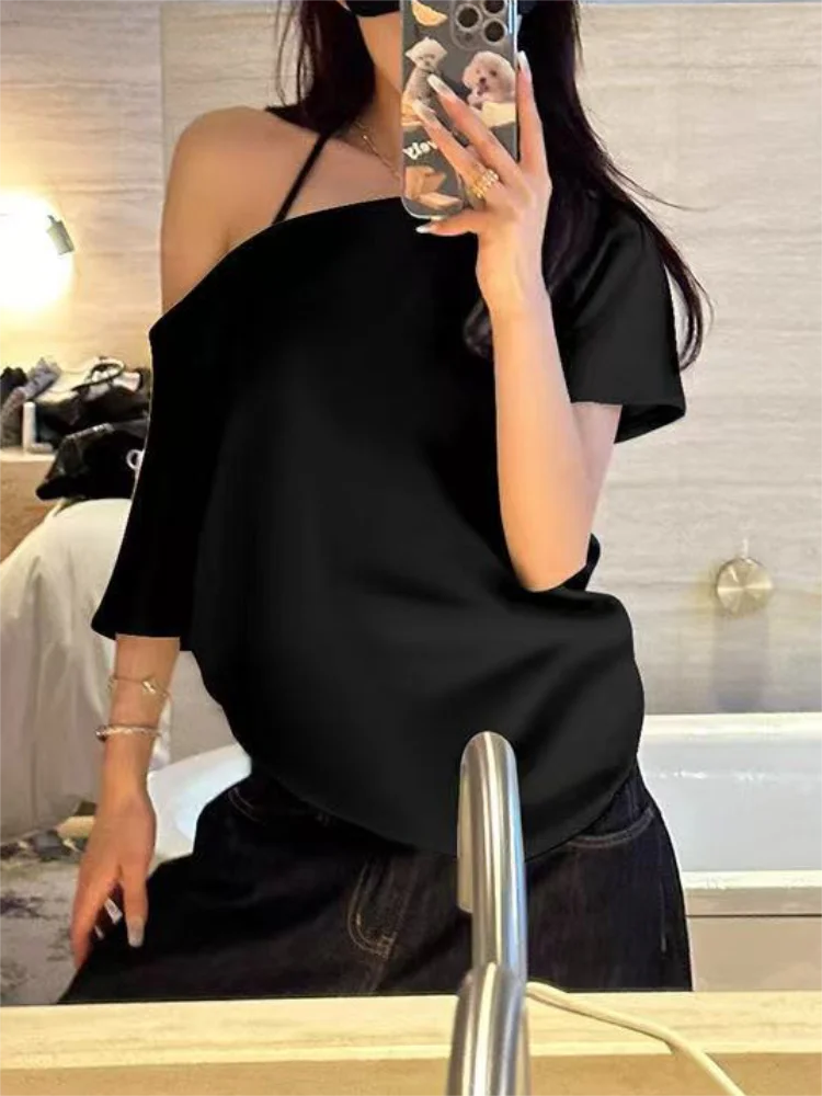 T-shirts Women Niche Design Off Shoulder Solid Short Sleeve Summer Chic Loose Casual Daily Simple Sexy Korean Trendy Street Tops