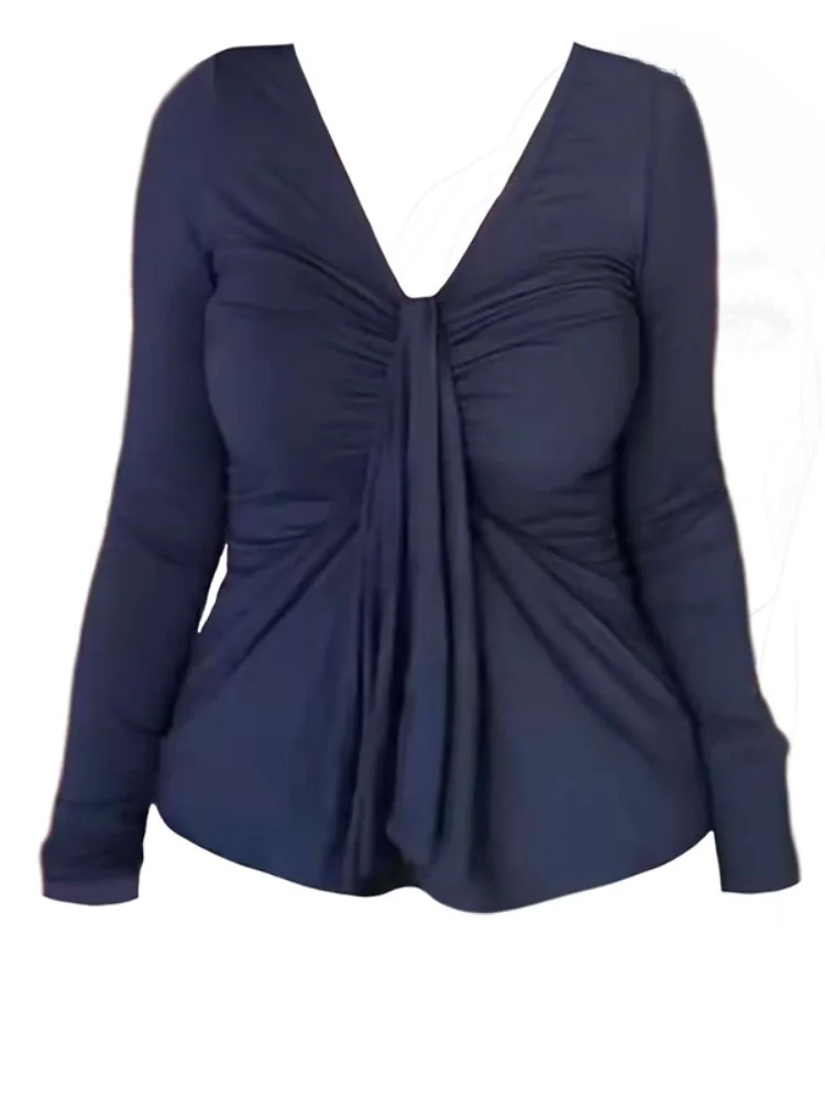 

plus Size Women's Long Sleeve V-Neck T-Shirt Slimming Base Layer Hot Girl Design Sensual Pure Desire Style Autumn Fashion