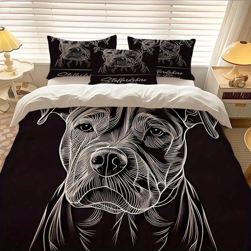 3PCS Bull Terrier Bedding Set Black White Line Drawing Duvet Cover With Pillowcase No Insert Queen Size Minimalist Room Decor