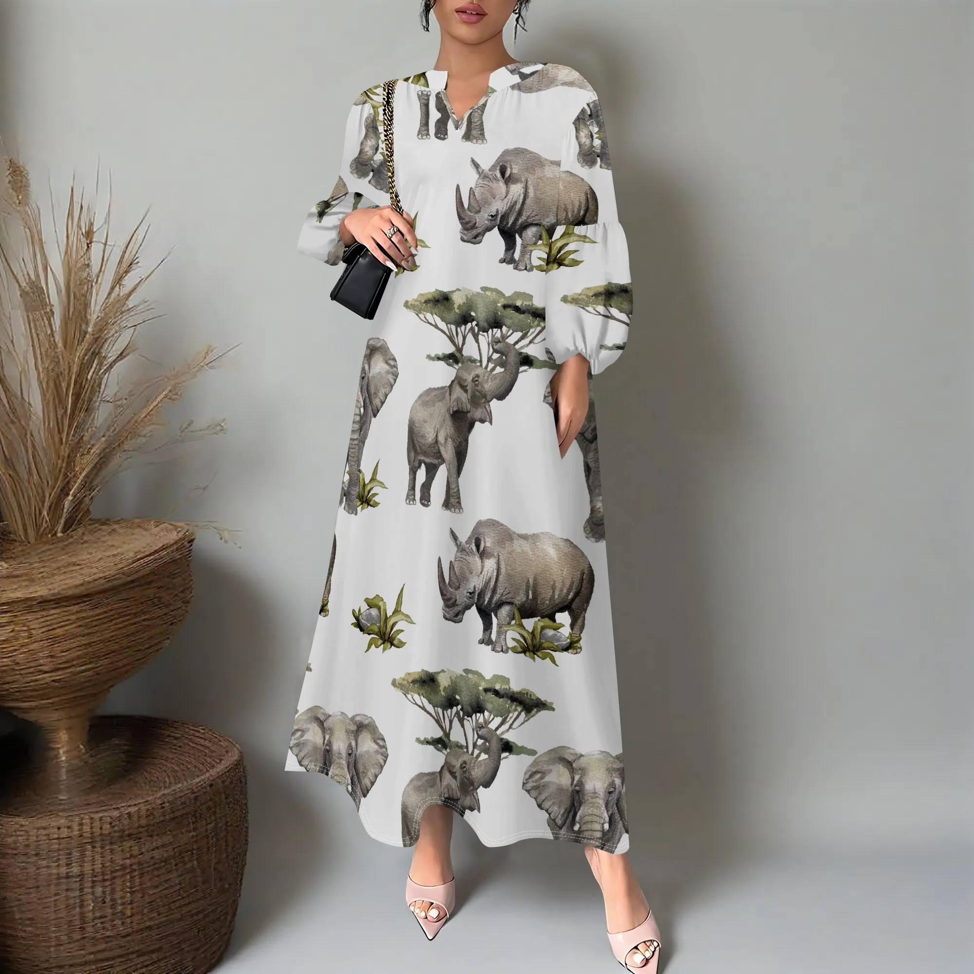 

Women's Safari Maxi Dress XS-3XL Animal Print V-Neck Loose Fit Vacation Long Dress