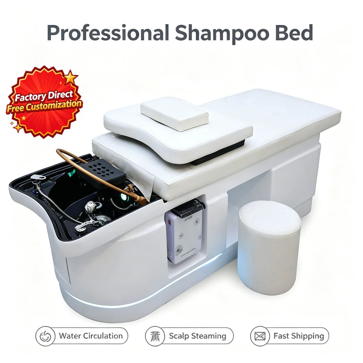 Fiberglass Thai Massage Shampoo Bed LED Light Head Spa Washing Bed For Beauty Salon Barber Shop