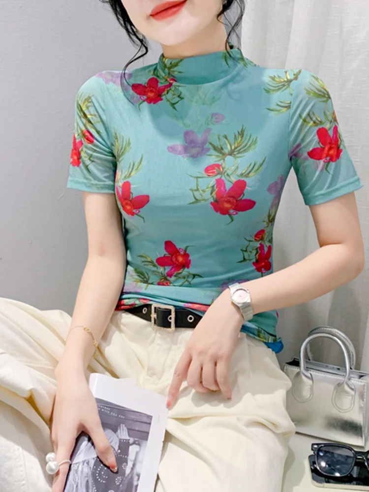 #7264 Floral Printed Mesh T Shirt Women Thin Sexy Skinny Vintage Short T-shirt Female Round Neck Streetwear Tshirt Short Sleeve image 2