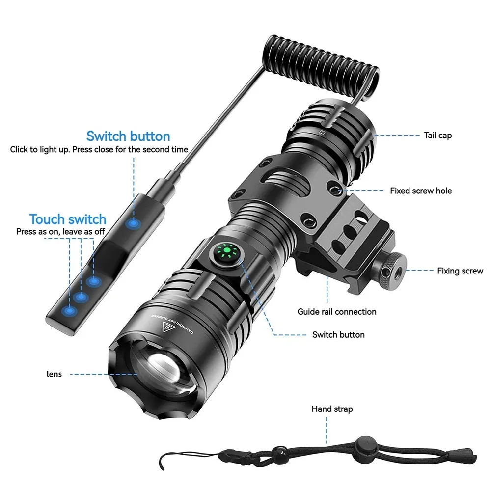 High Power LED Flashlight Outdoor Hunting Tactical Torch USB Rechargeable Zoomable Strong Light Lantern Powerful Long Range Lamp