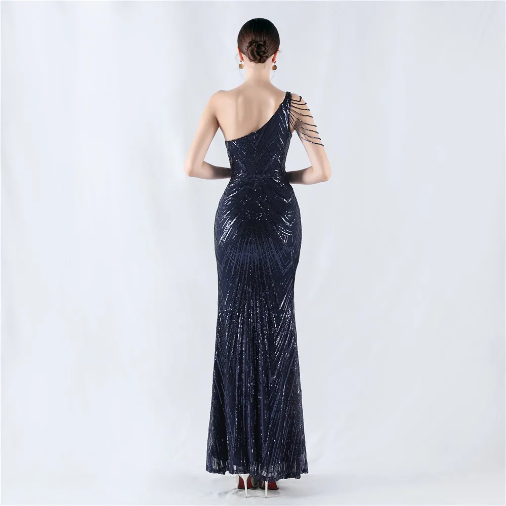 DEERVEADO 8 Colors Sexy Slit Evening Dress for Woman One Shoulder Luxury Sequins Wedding Party Dresses with Beads Formal Dress