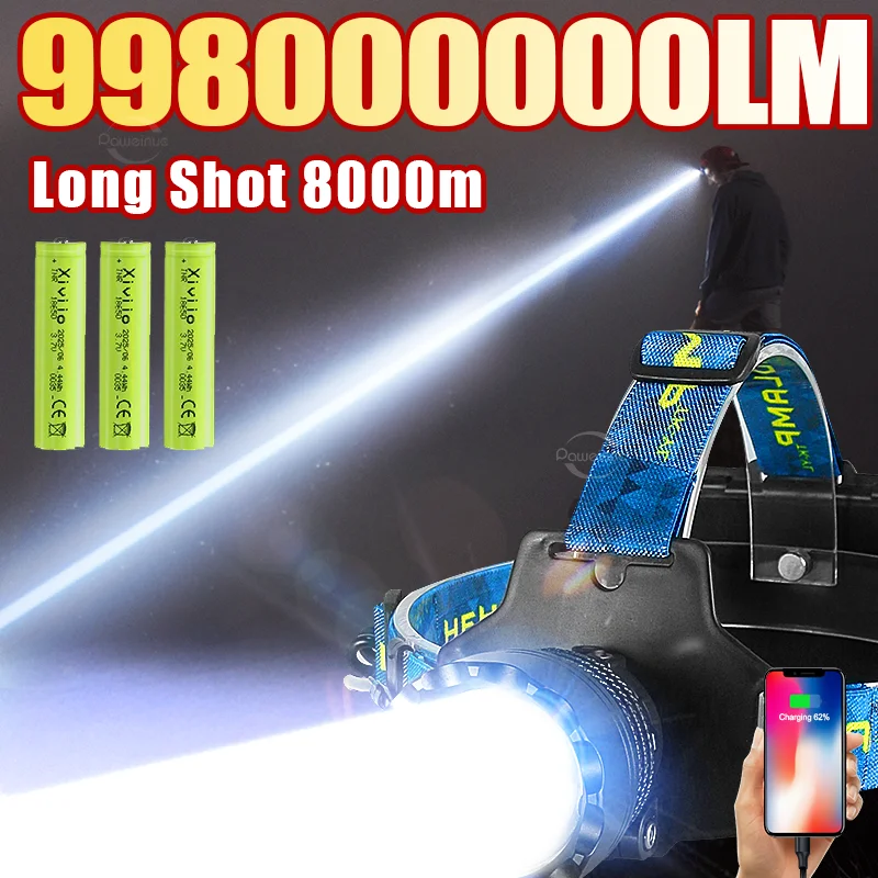 998000000LM Most Powerful LED Headlamp Ultra Bright 8000M Head Flashlight Rechargeable Head Torch Fishing Hunting Headlight