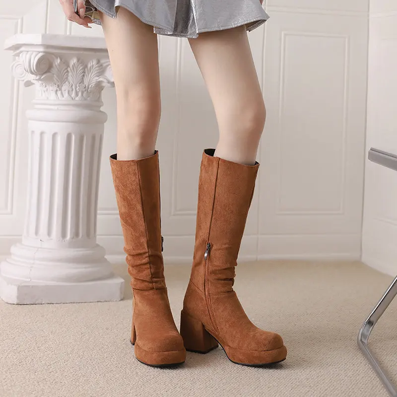 REAVE CAT Leisure Women Knee High Boots Flock Suede Round Toe Block Heels 8cm Platform 2.5cm Zipper Big Size 42 43 Retro Bota 33