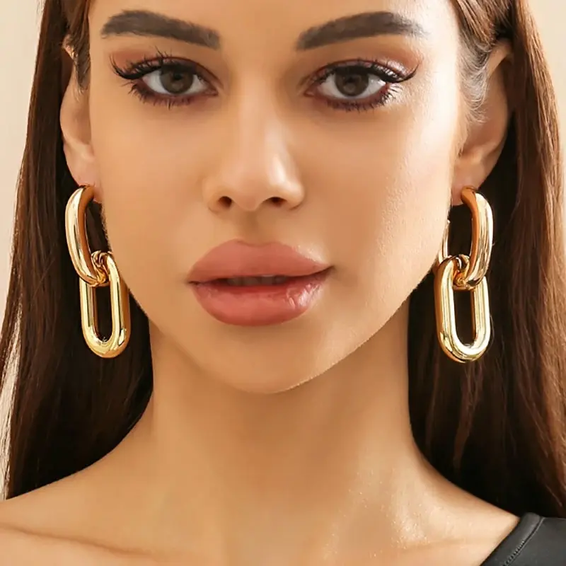 Vintage Geometric U-Shape Link Hoop Earrings for Women Trendy Punk Metal Round Circle Piercing Earrings Jewelry Accessories Gift